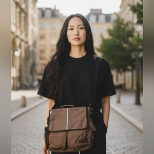 Petunia Pickle Bottom Diaper Bag Brown Blue Canvas Messenger Tote NWT Pockets